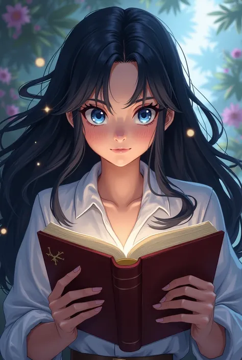 Long Hair, Black Hair, Woman reading,The book is close to the face,Gentle expression,blue eyes, Dragon Quest style,Hero,Anime Style,