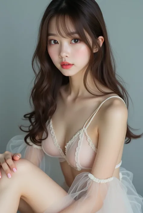 ((Photorealistic)), Masterpiece, Transparent Tulle, nakid, Nipples are clearly visible, baby face,  Long straight hair, Sitting flat, Detailed eyes, Detailed double eyelids, Natural makeup, pink lips, Please blow me a kiss, Glay background, clear skin, Pal...