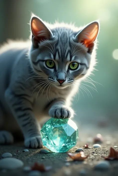 Gray cat with green eyes touching a gem with a paw