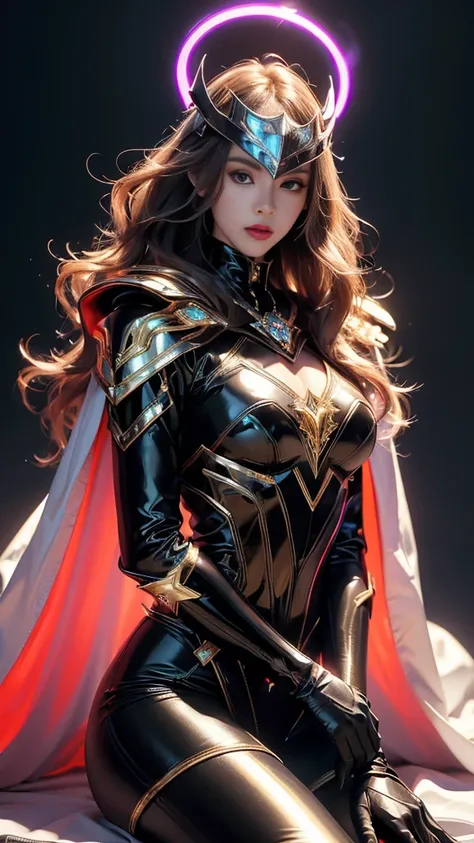 Top quality, masterpiece, ultra high definition, Original photo, 1 Girl, ((slim body)), ((wavy sardine)), cinematic lighting, very long hair, detailed eyes, wind, necklace, piercing, ((explorer cospaly)), ((ironic outfit)), black armor, ((electric cape)), ...