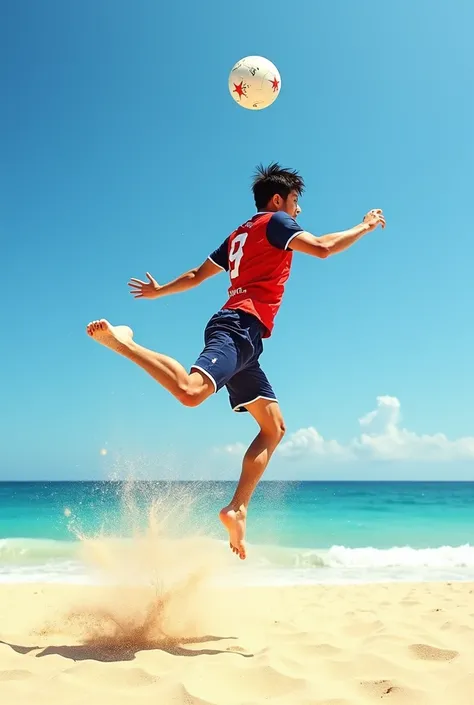 A Japanese person playing for the Japan Beach Soccer National Team。
I don&#39;t wear socks.。
Doing an overhead kick in a match