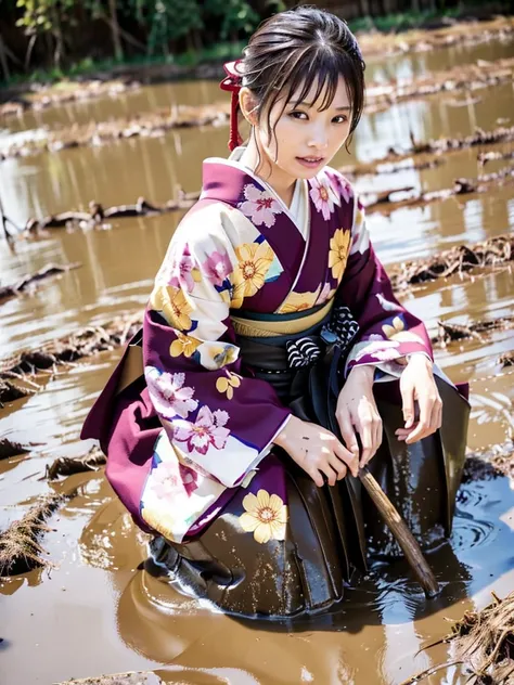 Realistic, hakama, kimono, woman, furisode, muddy clothes, soaked in muddy water, buried in mud, woman soaked in muddy water, woman soaked in mud, lying in mud