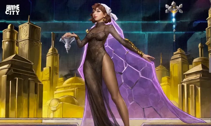 cute yuna, sheer night gown no underwear, standing in front on an art board with an architectural design of a warhammer 40k hive city on it, night time review, focus on the design
