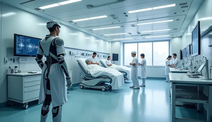 "A modern hospital room with advanced medical technology. Doctors and nurses are working while an AI robot stands nearby, assisting with patient care. The room is clean, with medical monitors, surgical equipment, and futuristic displays showing health data...