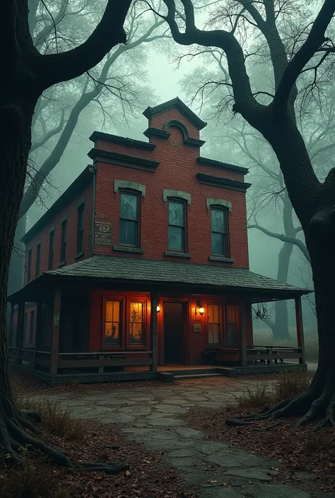 A Western-style red-brick restaurant in the middle of the forest、A somewhat creepy looking photo