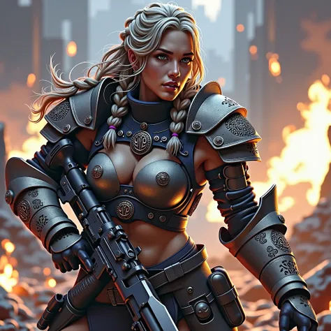 Woman in apocalyptic attire holding a beretta and a knife. Big boobs. Celtic braided hair. Battle armor