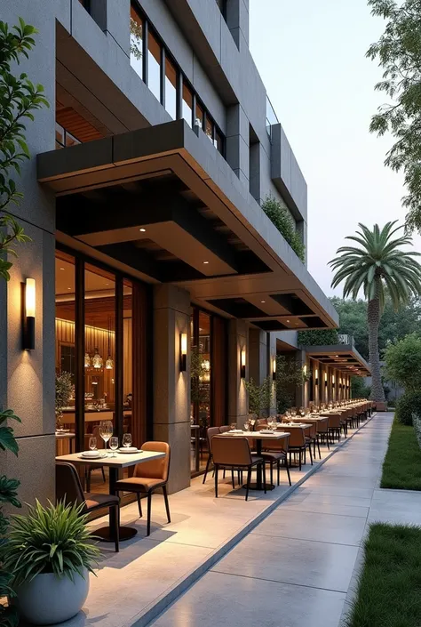 Make the exterior design of my restaurant “vegante” make sure its ambiance is good and expensive, add some customers dining at the terrace of my restaurant