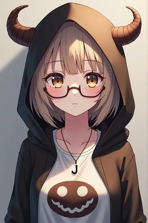 Create a female anime character with white skin, short light brown hair, a hood with small horns, glasses, an epic face shirt, brown eyes, and a letter J necklace