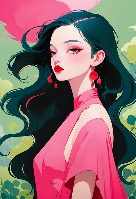 painting of a woman with a pink dress and red lips, rossdraws pastel vibrant, inspired by james jean, loish |, loish art style, ...