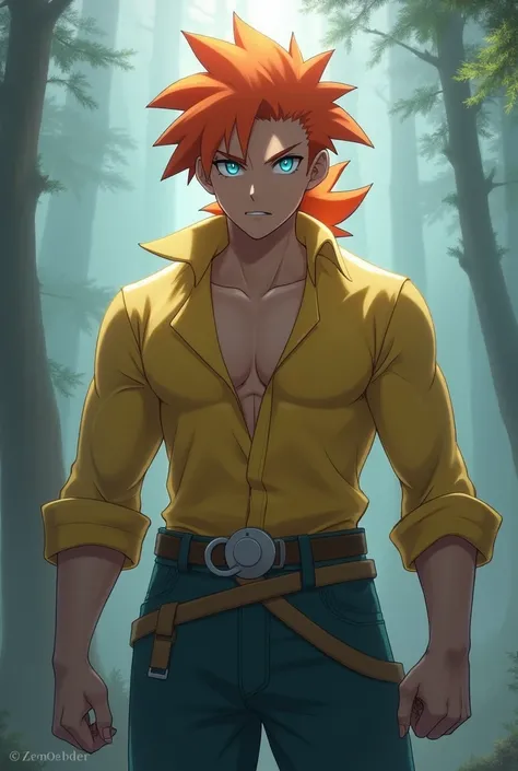 Create misty Pokémon a muscular body yellow shirt off, orange hair and blue eyes