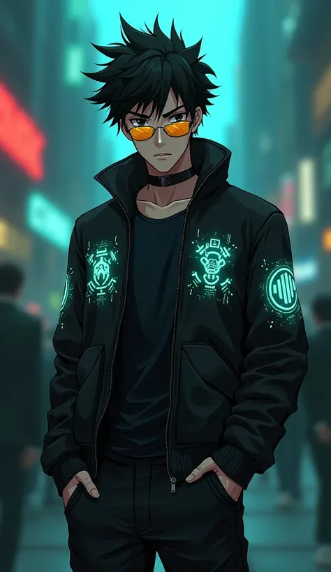 A young anime man with black, spiky hair wearing a futuristic black jacket with glowing, high-tech symbols on it. He has a cool and serious expression, with reflective golden sunglasses on. He stands with his hands in his pockets, wearing a dark shirt unde...