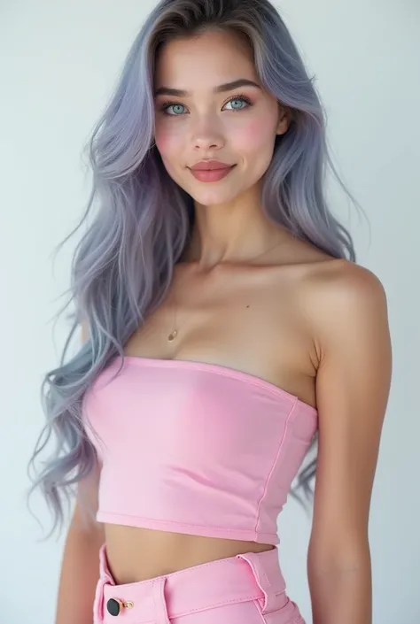 Very detailed, Very realistic, Hyperrealism, Ultra-realistic, (masterpiece, Stylish eyes with attention to detail: 1.2), (cute), 15, Lipstick advertisement, Sleeveless, Sheer pink tube top, Girly Style, Fashion studio white background, (Full body portrait ...