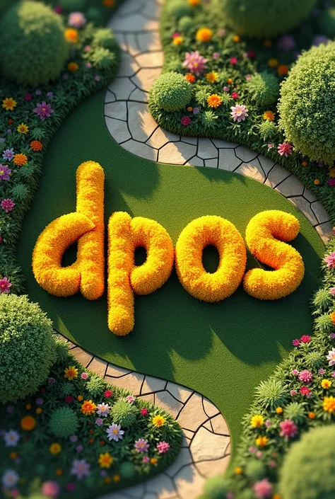 Generate a garden and form the word "DPOS "with yellow flowers 