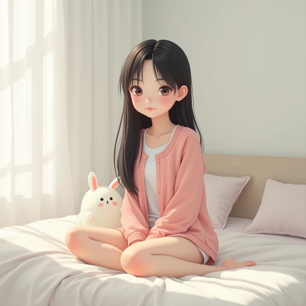 thai gril sit on a bed, young face is age between 19 - 21, Cute and simple girl, long hair, Dress up cutely, she swear pink cute Cardigan The room is well lit, minimal room, white room, cute little toy in room