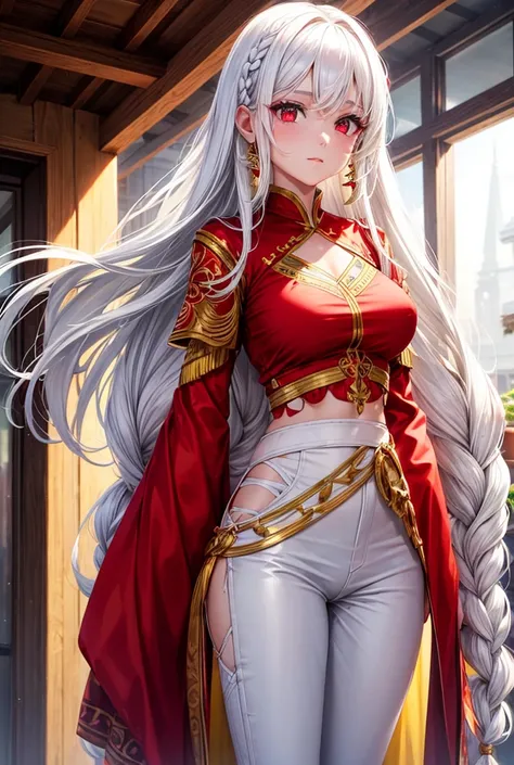 A beautiful girl, pele morena, white hair, red eyes, Beautiful body, long braided hair, with white pants with red details, a white top with red and gold details 