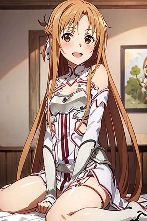 ((Best Quality)), ((masterpiece)), (be familiar with), Perfect Face, indoor, bedroom, Watching the audience,
One woman, Yuuki Asuna,
Open Mouth, Ecstatic expression, blush, smile,
Small breasts, Flat Chest, , , child, Girl,
Long Hair, Long Hair,
Leg spread...