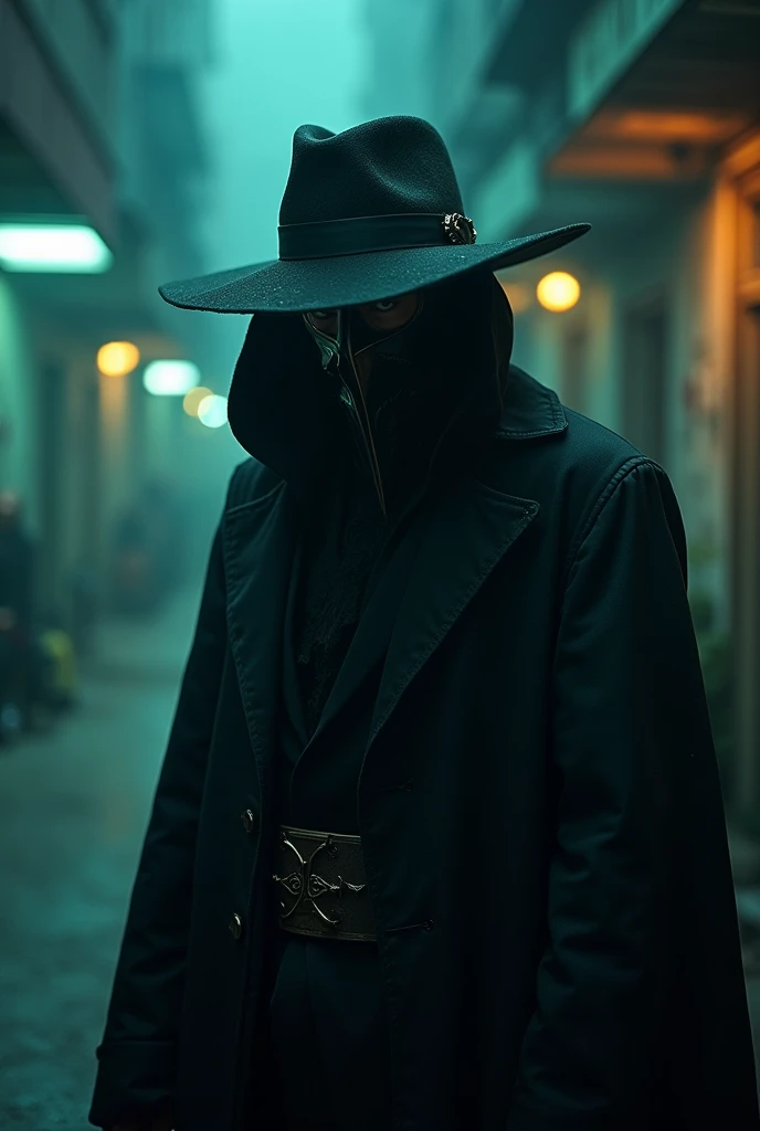 Create a cinematic poster featuring photorealistic portrait of ( plague doctor) , wearing  plague doctor costume and  hat , with a serious, intense expression, He should be slightly off-center in the composition, The background should be dark and gritty, c...