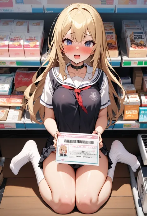 NSFW, White ribbed ankle socks. Build something amazing, Black choker, Blonde、Brown Hair　Cheeky high school girls.Convenience store.A high school girl who shoplifted is sold as a slave with a slave certificate attached.