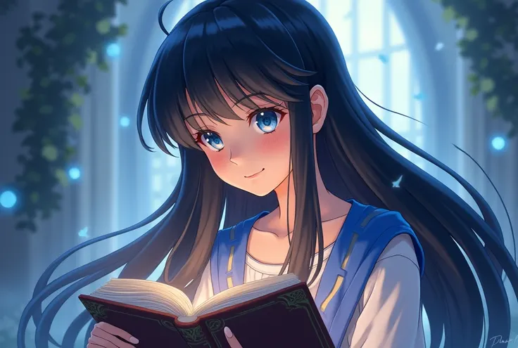 Long Hair, Black Hair, Woman reading,Gentle expression,Smile,blue eyes, Dragon Quest style,Hero,Anime Style,