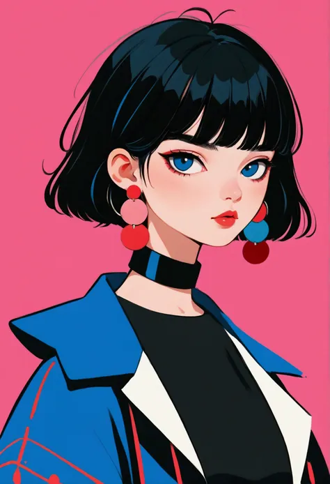 short, straight black hair with bangs, large round white and red earrings, standing with head turned to the side, wearing a blac...