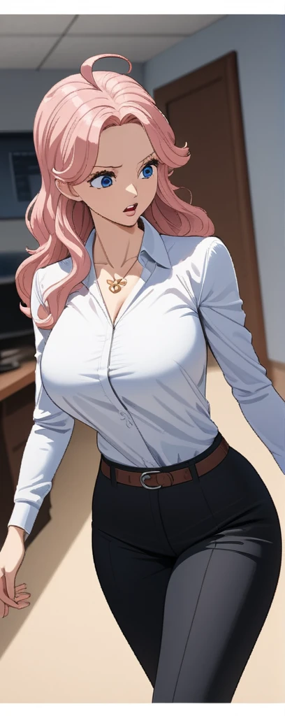 ((masterpiece)), ((high quality)),((ultra-detailed)), ((extremely detailed)), (((one piece))), ((anime style)), 4K,8K, office lady, white collared shirt, a beautiful woman, black slim fit pants, skin tight pants, brown stylish belt, tuck in shirt,  very ta...