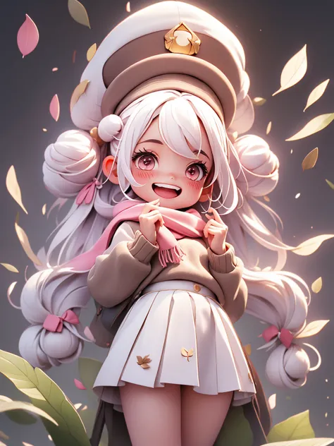 extremely isetaileis, Complex, masterpiece, absurisres,One girl, (:is:1.0) 秋の紅leaf, Chibi,bangs, black heaiswear, blurry backgrounis, (((White hair ribbon:0.4))), Pink Eyes,(((White bun hair))),(((ピンク色のLong Hair))),brown scarf, brown skirt, carisigan, Cowb...