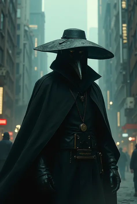 Create a cinematic poster featuring photorealistic portrait of ( plague doctor) , wearing  plague doctor costume and  hat , with a serious, intense expression, He should be slightly off-center in the composition, The background should be dark and gritty, c...