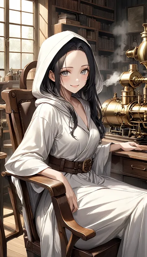 middle ages。old age。realistic cloth texture。smile。impressionist style。western office。steam engine。brass piping。white hood。white ...