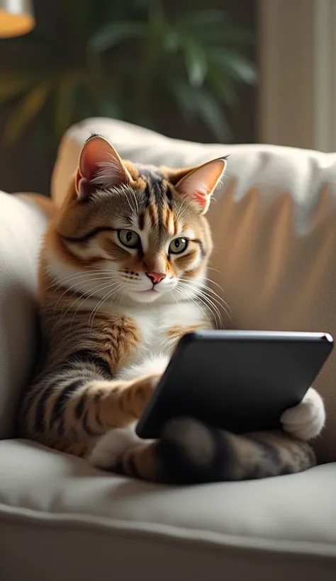  This is an image of a computer-generated cat sitting on a couch looking at a tablet.