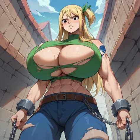 massive breasts, {ultra gigantic breasts} massive cleavage, mature, hot and sweaty, dungeon, giantess, toned abs, muscular, lucy...