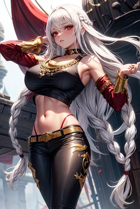 A beautiful girl, pele morena, white hair, red eyes, Beautiful body,big breasts, long braided hair, with black pants with red and gold pirate details , a black top with red and gold pirate details 