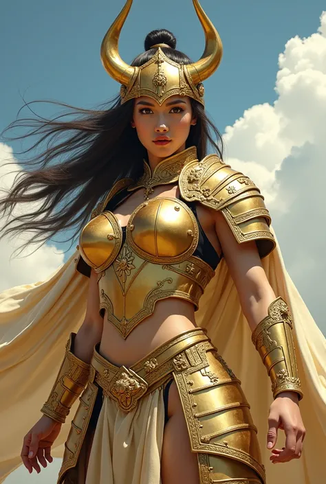 A Japanese female warrior in golden armor。Curvy body,She wears a helmet with two pointed horns.，The armor is very exquisite，Covers key areas such as chest and shoulders。The overall armor presents a metallic texture，Shone with a golden sheen，Demonstrating s...