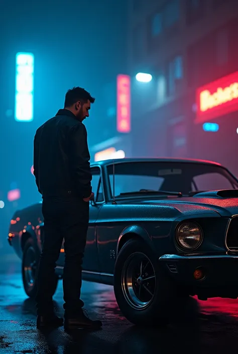 A lonely man standing beside 1969 Ford Mustang GT at night with blue and red neon lights in the background.
