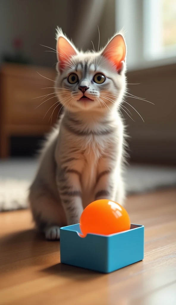   The image features a cat and an orange cat toy. The cat is sitting on the floor and has a surprised look on its face. The toy is inside a small blue box.