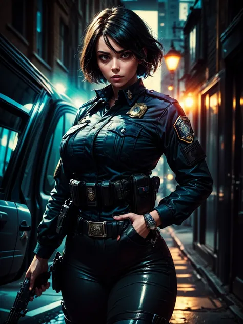 (high quality, 8 k, 4K, High contrast, masterpiece:1.2, best quality, Best Aesthetics), (dynamic angle), Sexy Policewoman, detailed face and body, Beautiful breasts, confident look, (black hair, short hair), Shiny black uniform, Tactical belt with equipmen...