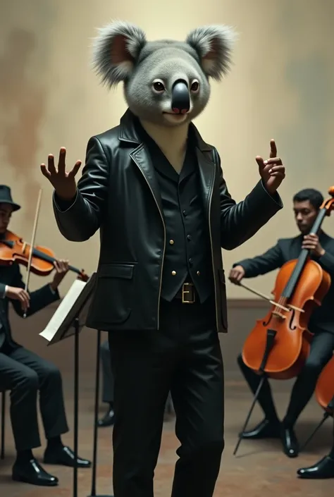 A koala with a black leather jacket and black leather pants conducting a symphony orchestra.  Image treated in the Modigliani way 