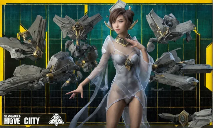 cute yuna, sheer night gown no underwear, standing in front on an art board with an architectural design of a warhammer 40k hive city on it, night time review, focus on the schematic, 1girl, detailed face, beautiful eyes, beautiful lips, detailed hands and...