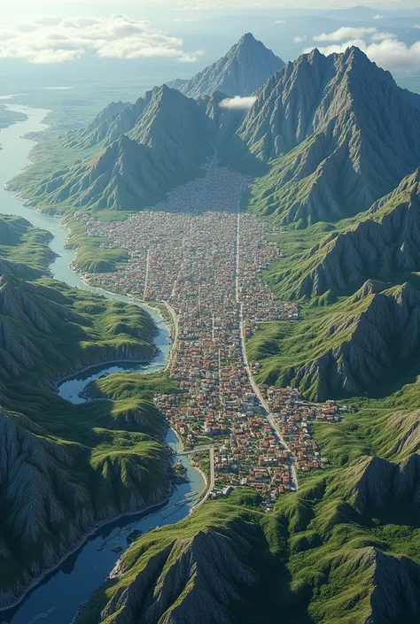 City seen from the satellite type cartographic map this city is on a mountainous area, You can see the urban stain and fusion between city and nature 8k hyperrealistic, Attention to details 