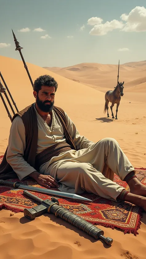 In the desert. A man dressed in Pakistani clothes is resting on a carpet.  With arrows, swords, spears and horses