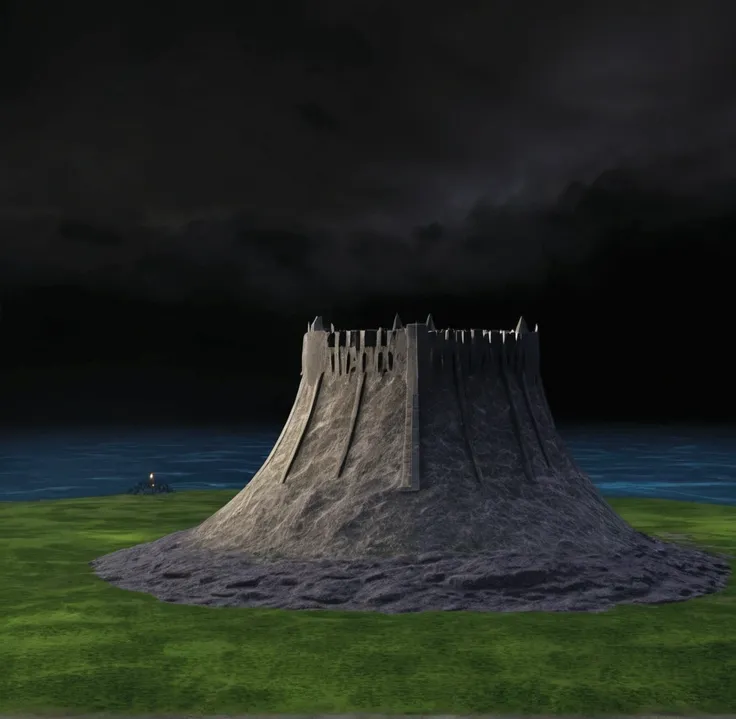 there is a very tall volcano peak in the middle of a field, myst island, mage tower far away, ( ( 3 d render ) ), odins stone arena background, high level texture render, high level texture render), totalitarian prison island, rendered on unreal 3 d, in ga...