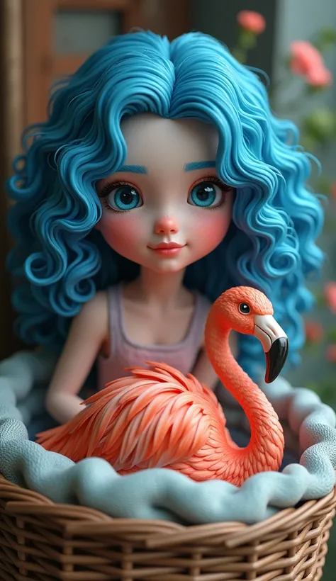 3D style 
Age 30 girl with blue curly hair blue eyes An old basket with a 
beautiful flamico in the middle 