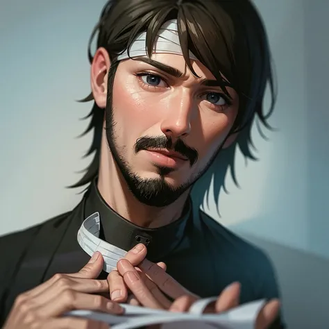 solo, 1boy, male focus, facial hair, bandages, own hands together, realistic, text focus, fake screenshot