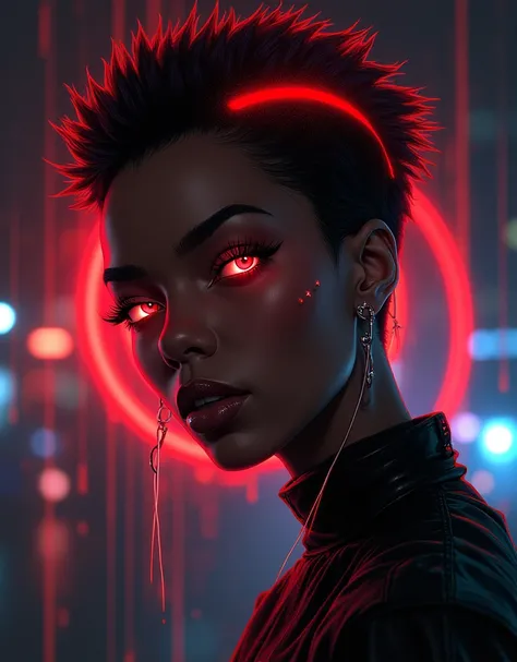 Minimalist art, an 80s airbrush illustration of the upper body and face of an African American woman with very short hair. Red waves around the head. Cyberpunk style, night, neon lights, piercings, makeup, front view, glowing eyes