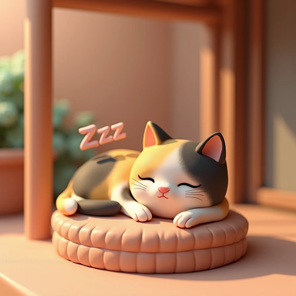 (masterpiece:1.2,Distinguished Quality,Mirror-like,Cinematic Experienc),8k,wallpaper,(Clay animation:2.0),(A small clay calico cat is taking a nap on a clay veranda:2.0),(On top of the cat"zzz"Drawing the letters with clay:2.0),(Cute design:2.0),(Simple de...