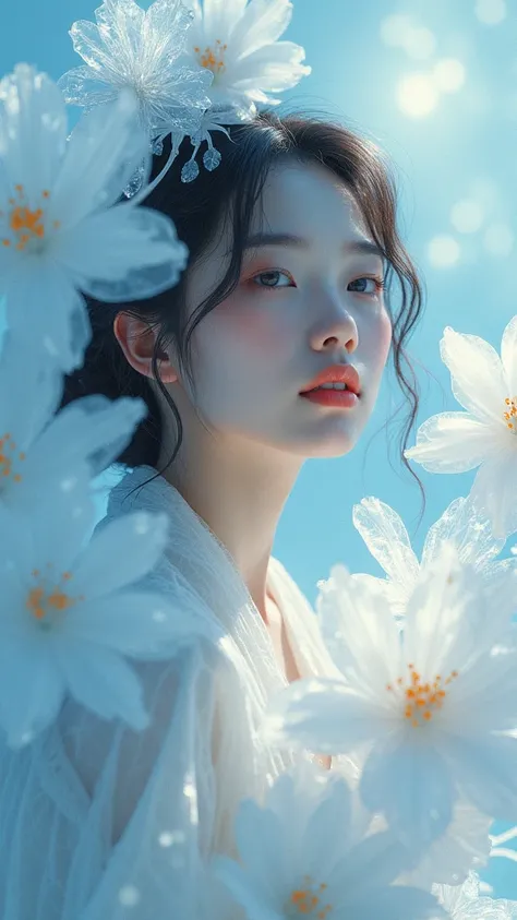 Beautiful Japanese woman surrounded by large ice flowers, with a flower in her hair., Lady in ice shiny flower dress , A still image of an ethereal, with frozen flowers around it, With ethereal blooming effects., punk ethereal flower, Luminous flowers, Bee...