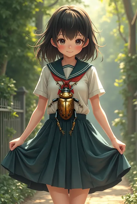 a school girl lifting her skirt and showing the hood of a Beetle