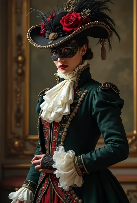 Misterious young women dressed in 18century men suit baroque costume, floral ornaments frock coat, jabot cravat, cuffs, tricotn hat, musketeer boots, masquerade mask