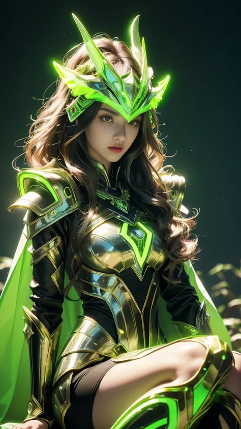 Top quality, masterpiece, ultra high definition, Original photo, 1 Girl, ((slim body)), ((wavy sardine)), cinematic lighting, very long hair, detailed eyes, wind, necklace, piercing, ((explorer cospaly)), ((ironic outfit)), green armor, ((electric cape)), ...