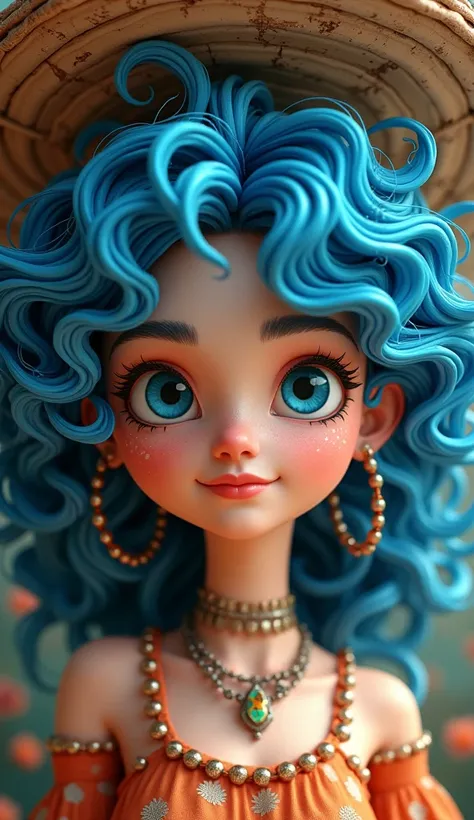 3D style 
Age 30 girl
 with blue curly hair blue 
eyes An old basket with a 
And flamenco is a good 