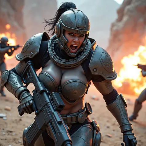 hard sci-fi setting, cyberpunk, girl in black Celtoc paladins heavy armor with closed helmet visor with heavy+light+machine+gun shootout from rock runing, space troopers in the background, aimed fire from a guns, night stone desert, dust storm, battle scen...